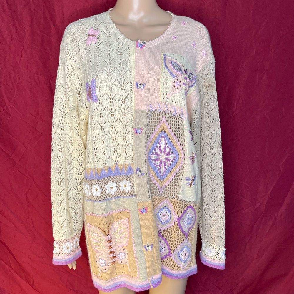 Vintage Storybook Knits Patchwork Crochet Serenity Butterfly Cardigan Large